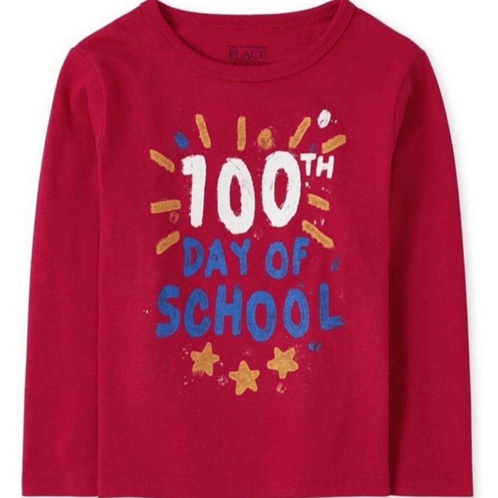 The Children's Place Boys' 2T Red "100th Day of School" Long-Sleeve Graphic Tee